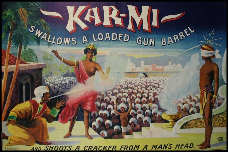 Kar-Mi vintage magic poster — swallows a loaded gun barrel