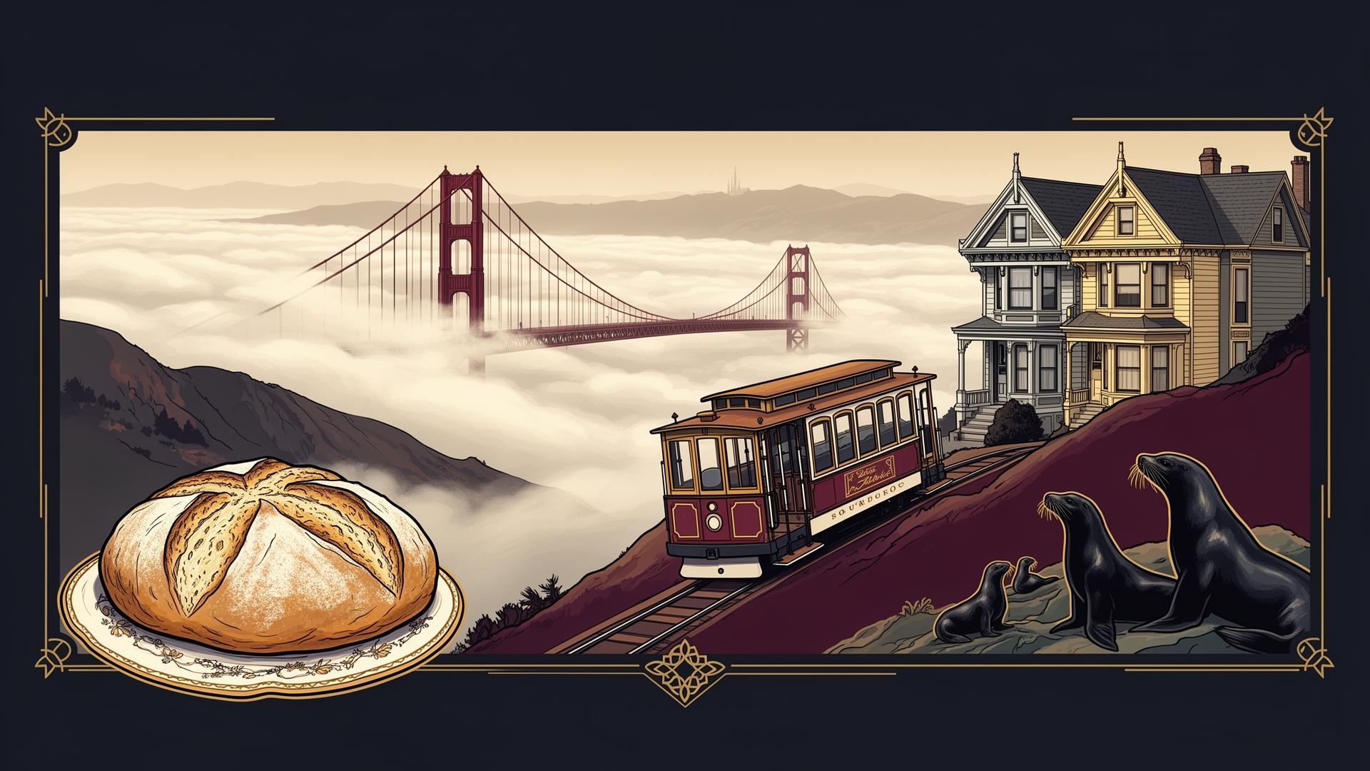 Stylized illustration of San Francisco landmarks: Golden Gate Bridge in fog, cable car, sourdough, Painted Ladies, sea lions