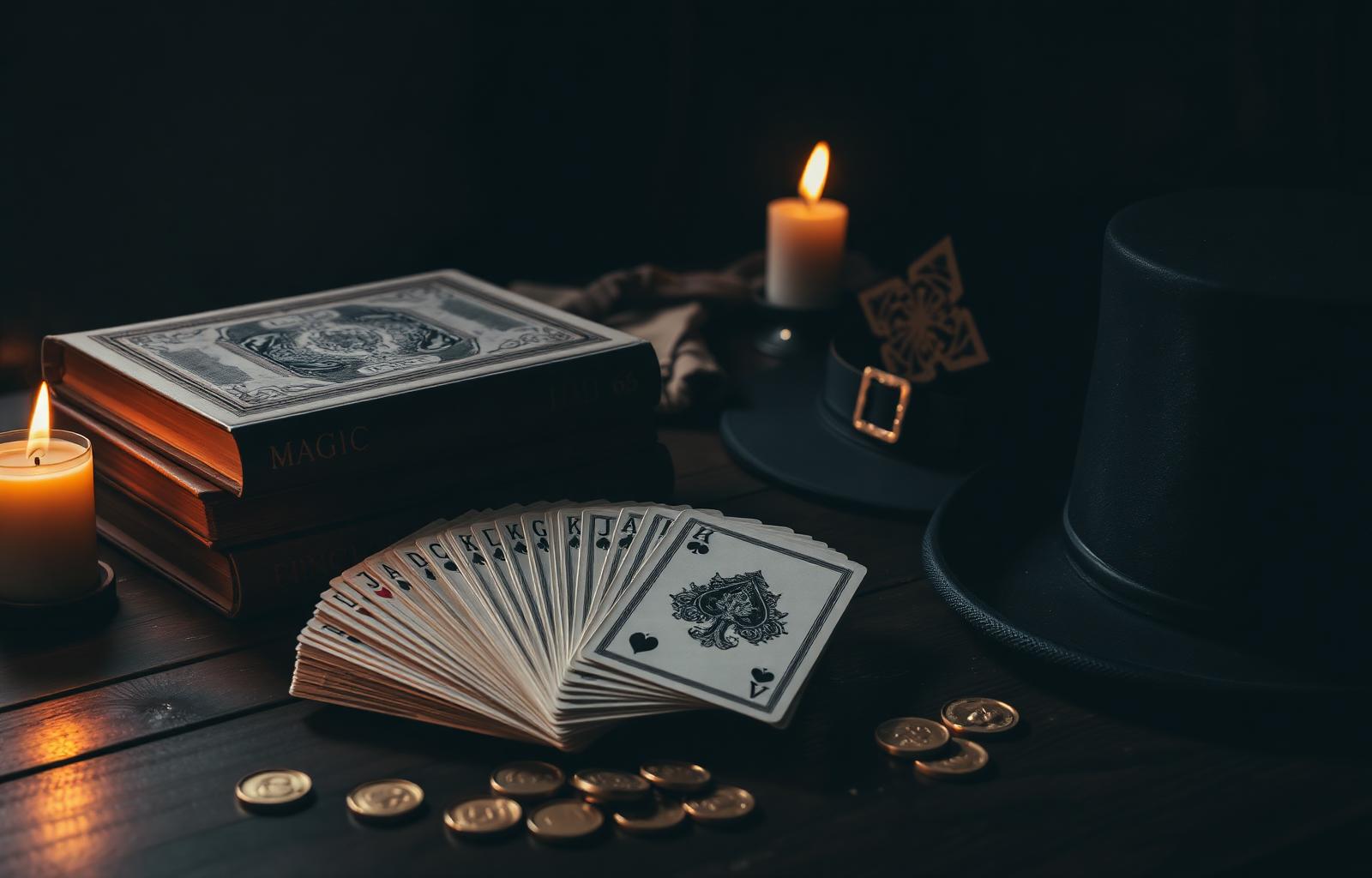 Vintage magic books, fanned playing cards, brass coins, and a top hat by candlelight