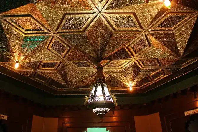 Ornate Moroccan ceiling and chandelier at the Magic Theater